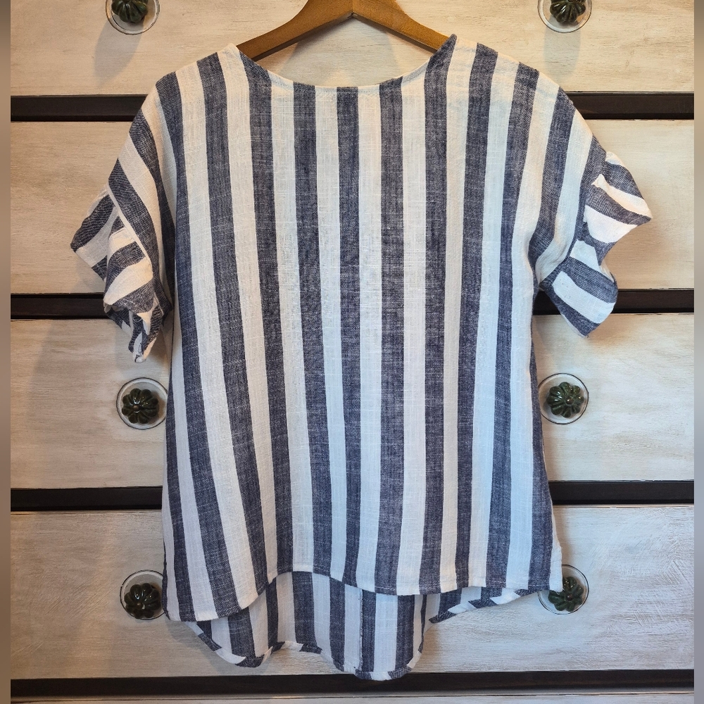 Striped Blue and White Linen Women's Top
